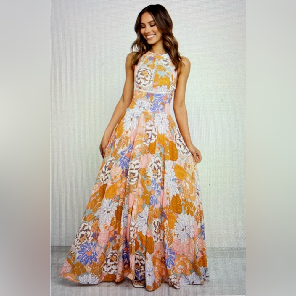 Petal and pup orange and blue floral maxi dress.